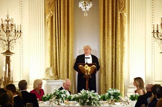 President Donald Trump speaks during the state dinner at the White House